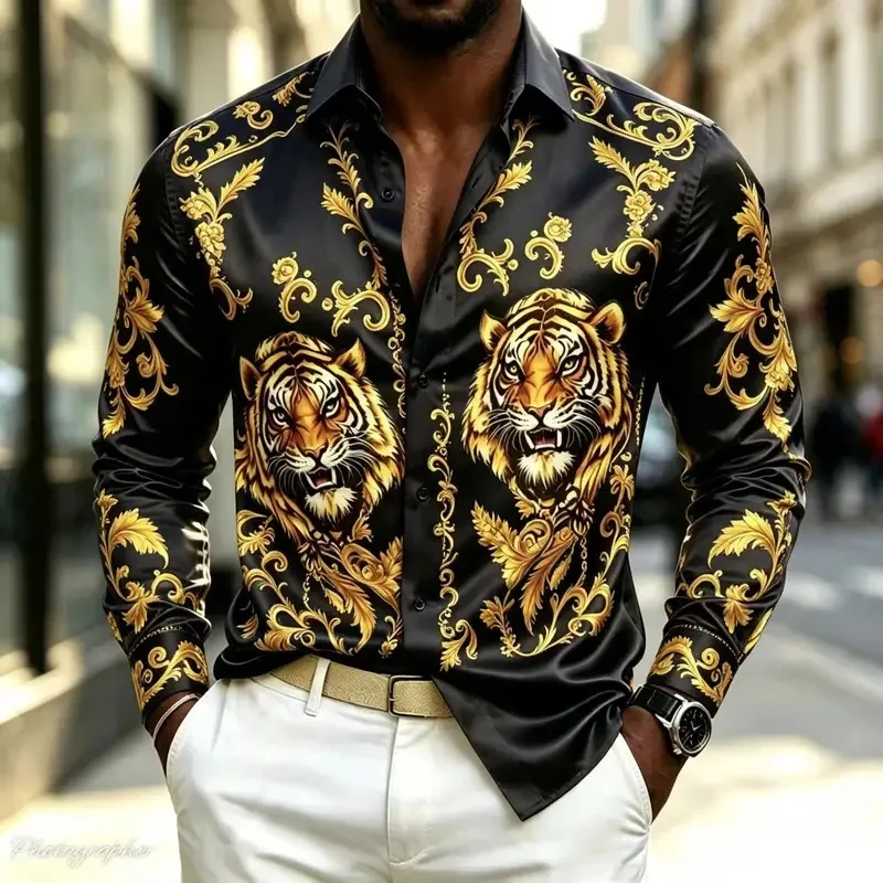 Luxury Baroque Double Tiger Head Print Men's Satin Silk Shirt Long-sleevedcollared, button-front business banquet
