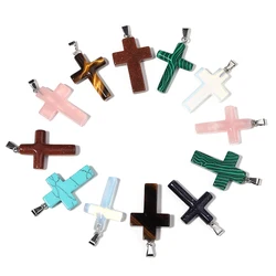 Natural Stone Cross Charm With Metal Loop Tiger Eye Opal Jewelry Prayer Pendant Necklace Making Accessories Diy Components