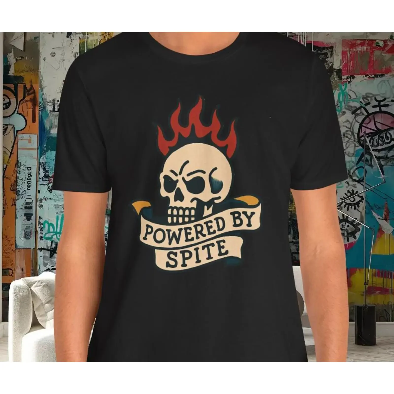 Powered by Spite Flaming Skull Vintage Tattoo Style T Shirt for Lovers Artist Fans vintage Washed Casual graphic streetwear