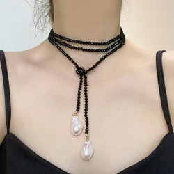 Japanese and Korean niche design baroque irregular pearl long necklace light luxury high sense black crystal clavicle chain