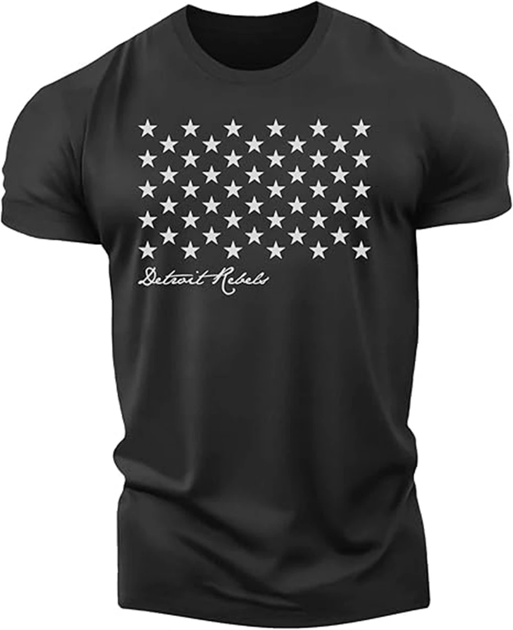 Men's Summer Fitness T-shirt Trend Street Tough Guy Detroit Star Print T-shirt Gym Black Men's Sports Short Sleeve T-shirt