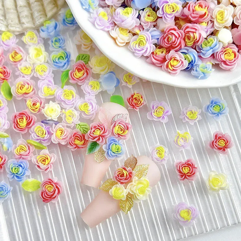 ดอกไม้เรซิ่นผสมแบบสุ่มดอกกุหลาบสีชมพูเสน่ห์ของเล็บด้วยใบไข่มุกสำหรับตกแต่งศิลปะเล็บงานฝีมือเครื่องประดับ DIY 50ชิ้น