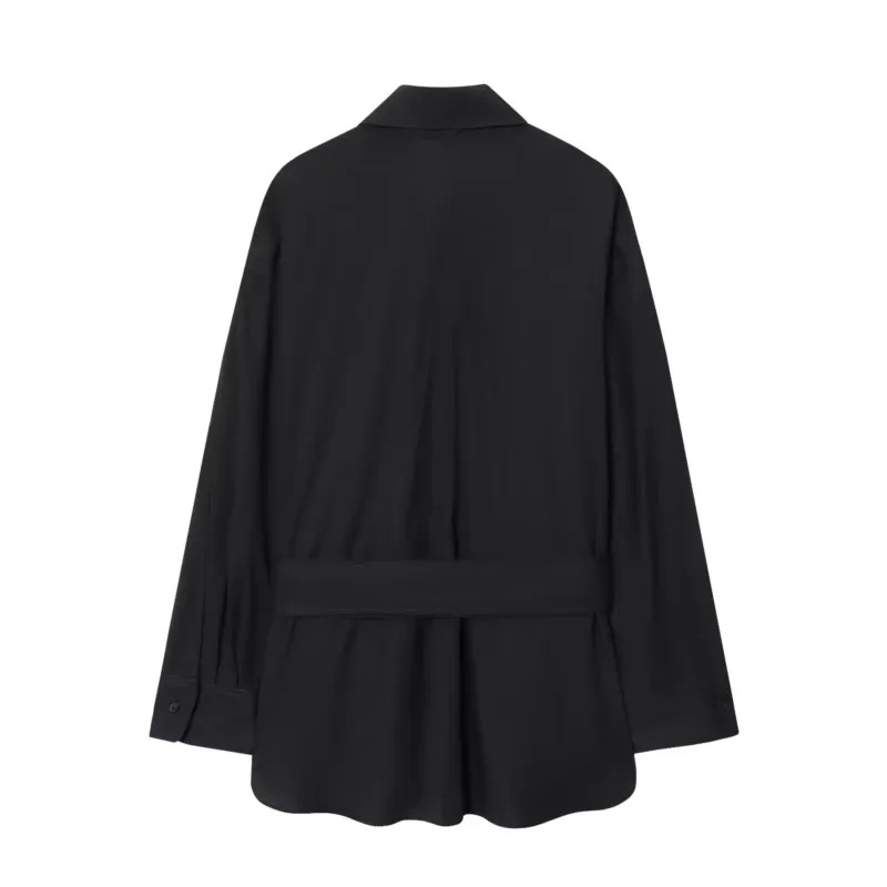 Camicia lunga da donna con cintura Autunno semplice colletto rovesciato maniche lunghe Pockat Camicie da donna Camicie e camicette con bottoni femminili