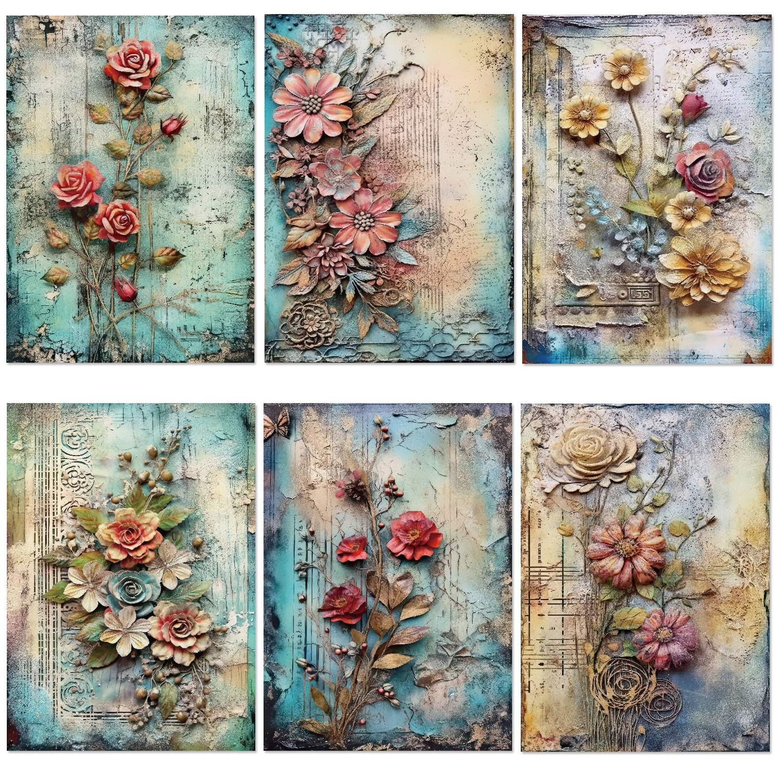 12 Blatt Vintage-Blumen-Scrapbook-Papier mit Retro-Blumenmotiv für Bastelpapier, Junk-Tagebuchpapier, DIY-Kartenherstellung – Detail 4