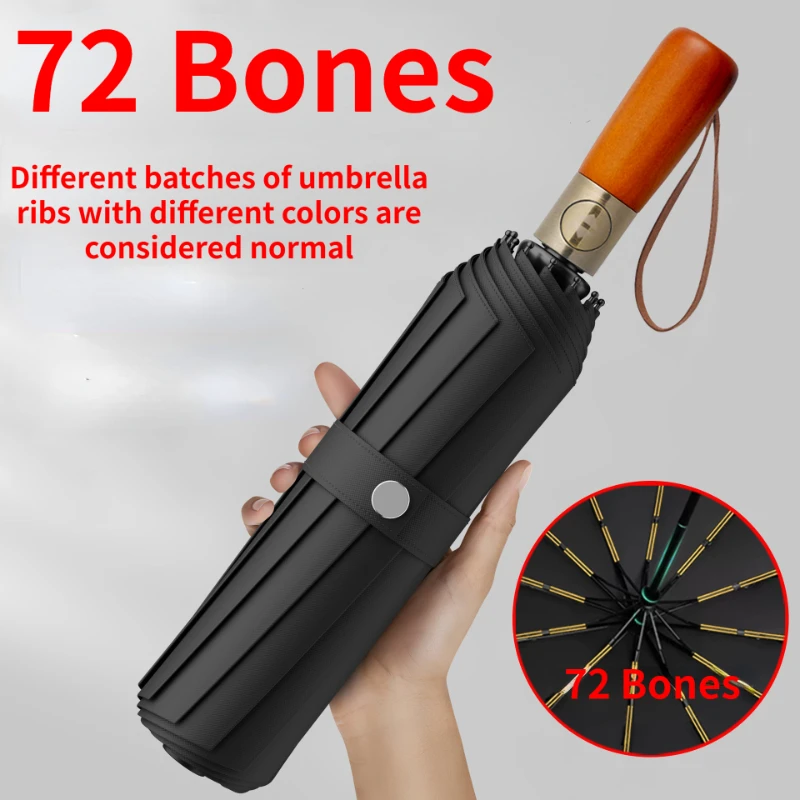 

72 Bones Fully Automatic Umbrella for Men's Large Foldable Black High-end Business Wooden Handle Umbrella