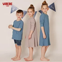 3y-14y Girl Summer Spring Dress Long Sleeve V Neck Stretch Rib Knit Midi Dress A Line Dress Family Matching Kid's Pajamas