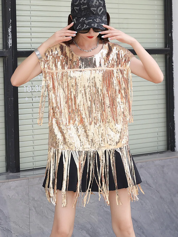 Runway Sequins Patchwork Tassel Round Neck Streetwear Short Sleeve T-Shirt Summer Letter Hip Hop Loose Night Club Women's Wear