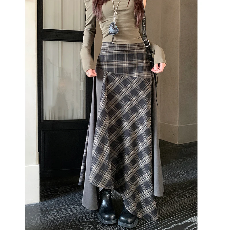

MEXZT Y2K Plaid Midi Skirt Women Harajuku Vintage Asymmetrical Split Skirts Autumn Winter Grunge Korean Patchwork Design Faldas