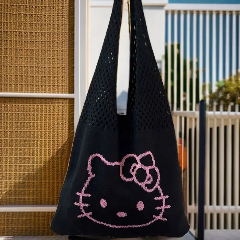 2024 New Sanrio Hello Kitty Anime Knitted Shoulder Bag Kawaii Black Pink Underarm Bag Cute Cartoon Ins Mesh Pocket Bag Girl Gift