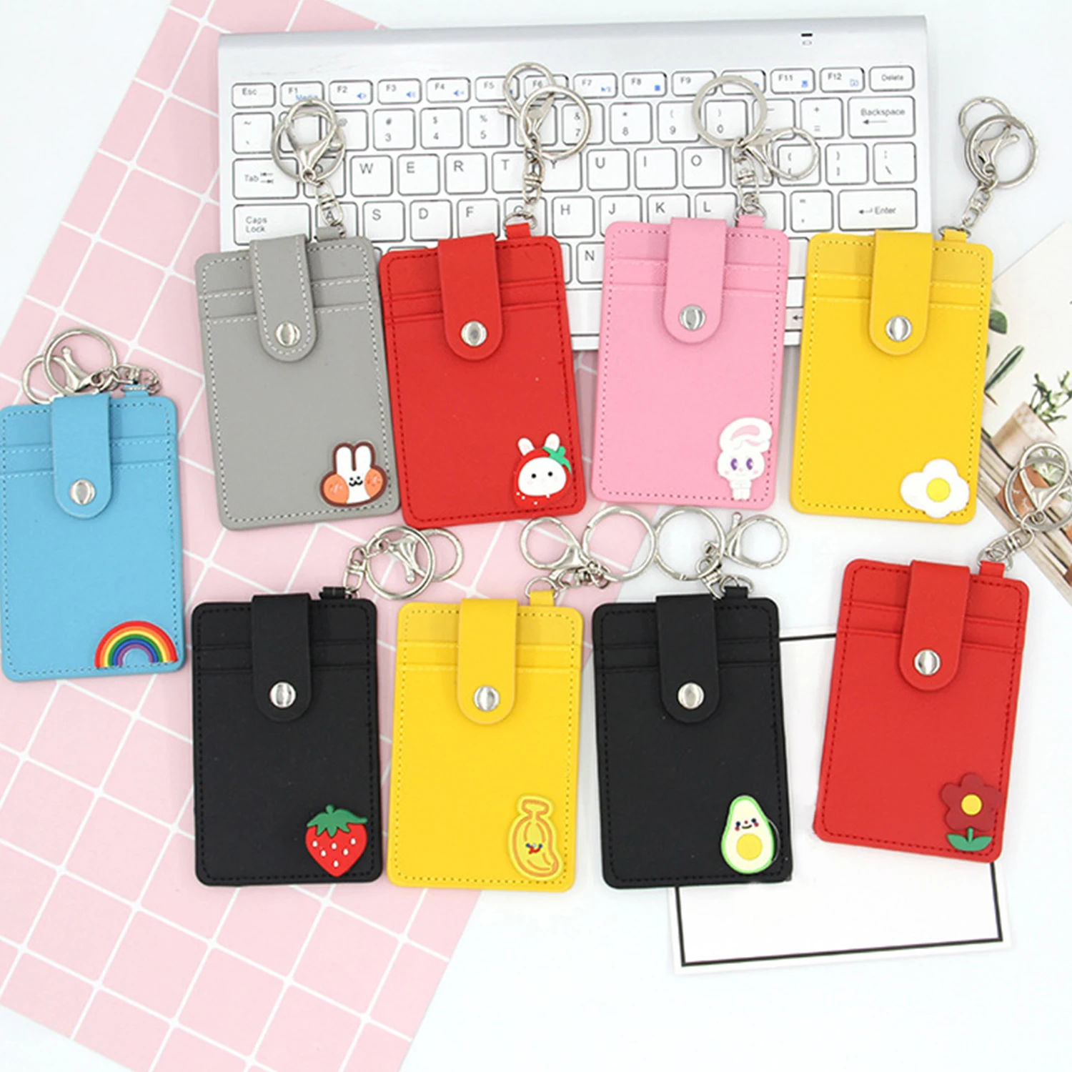 1Pc Bank Credit Card Holder Bus ID Cards Holders Women Men Fashion Card Bags Keychain Cute Cartoon Card Case Key Chain Ring