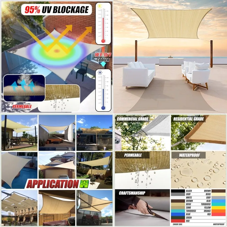 

8' x 16' Sun Shade Sail Rectangle Canopy Fabric Cloth Screen, Water Permeable, UV Block UPF50 Heavy Duty, Carport Patio Outdoor