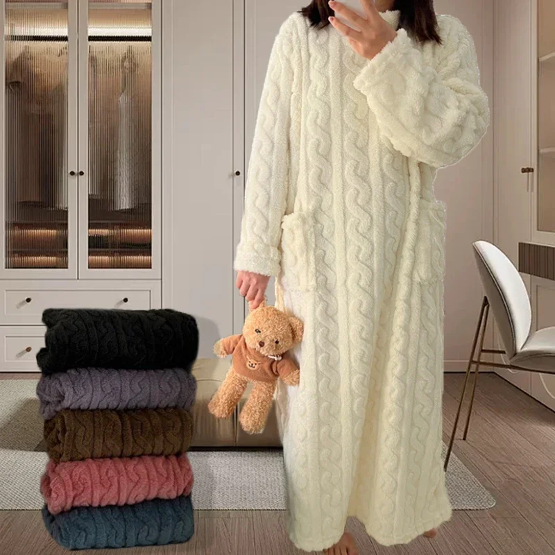 Winter Long Sleeve Double Pocket Flannel Nightgowns Women Loose Solid Sleepwear Jacquard Night Dress Thickened Warm Nightdress