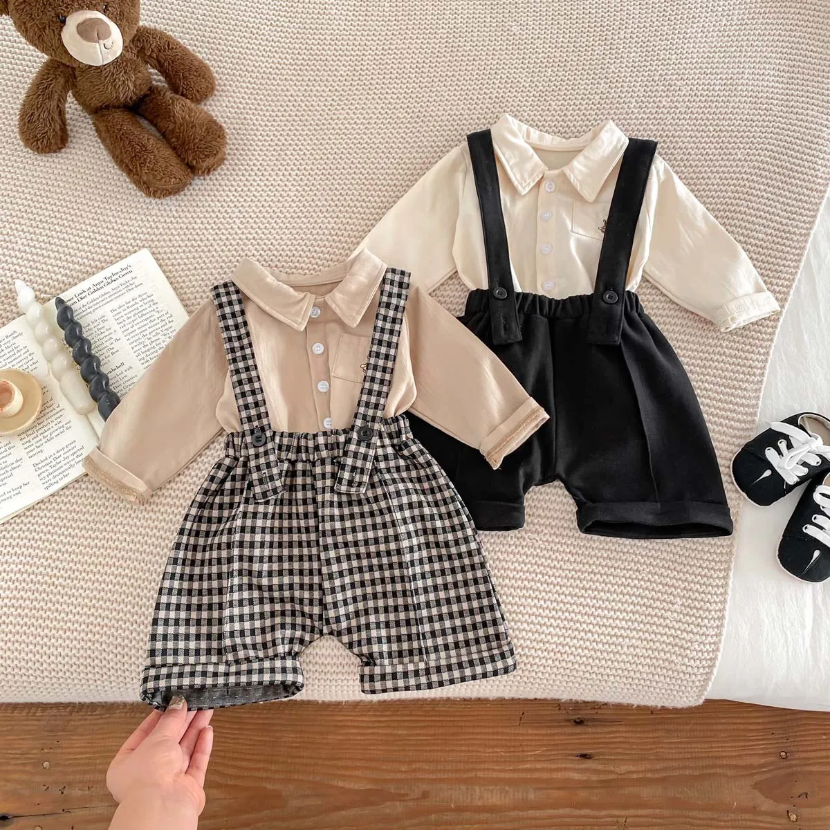 

Korean Spring Summer Ins Baby Boy 2PCS Clothes Set Cotton Long Sleeve Solid Shirts Plaid Strappy Shorts Suit Toddler Boy Outfit