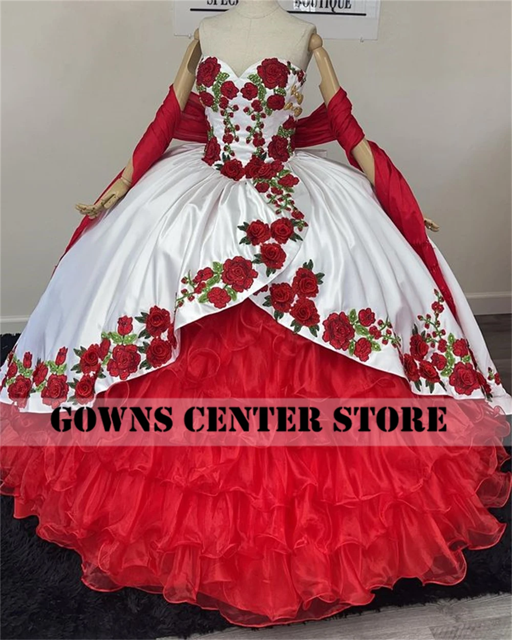 Branco cetim mexicano rosas vermelhas bordados quinceanera vestidos com arco vestido de baile vestido de aniversário laço-up querida doce 16 desse