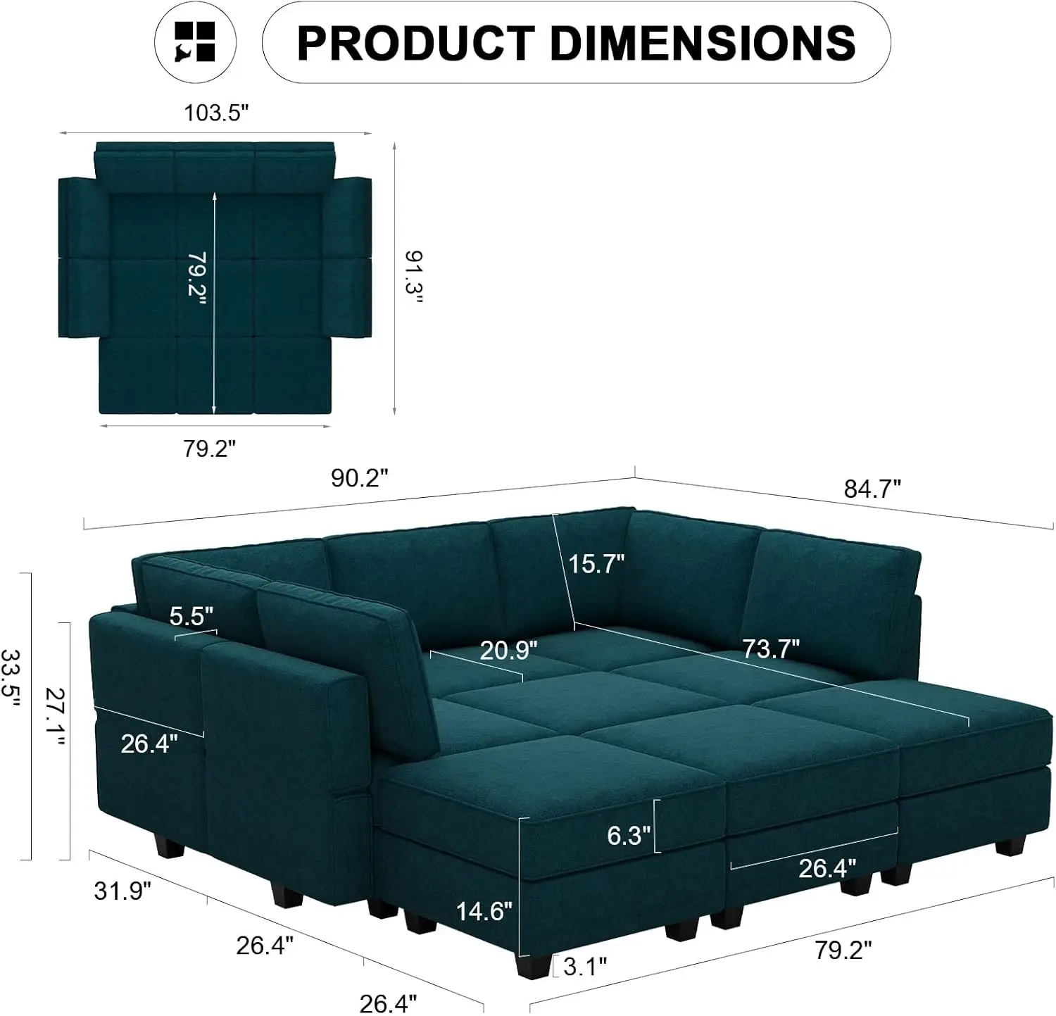 Belffin Modular Sectional Sofa Modular Sleeper Couch Convertible Sectional Sofa Bed Set Oversized Couch Reversible Chaise Peacoc