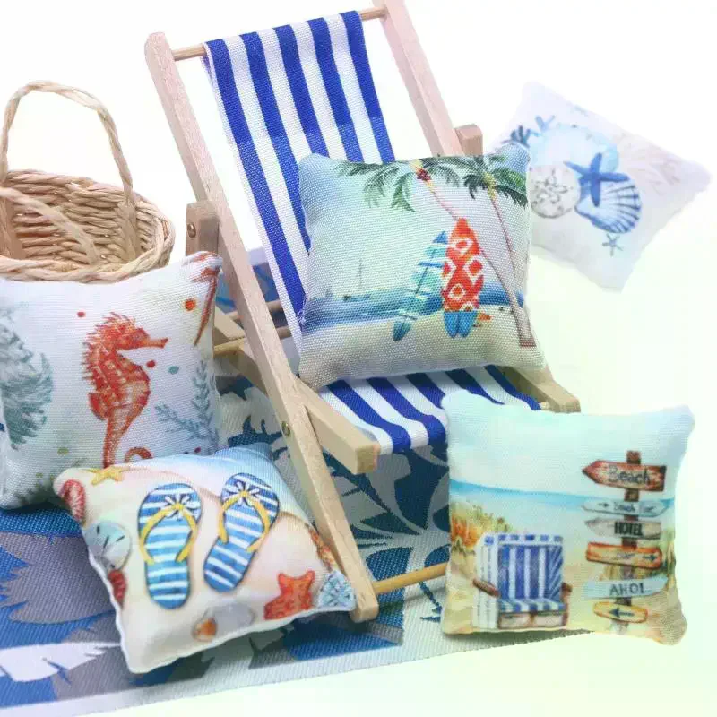 หมอนจำลองรูปชายหาดฤดูร้อน 3 ชิ้น สำหรับบ้านตุ๊กตา ของเล่นจิ๋ว ตกแต่งโซฟา ฉากบ้าน ของตกแต่งบ้านตุ๊กตา