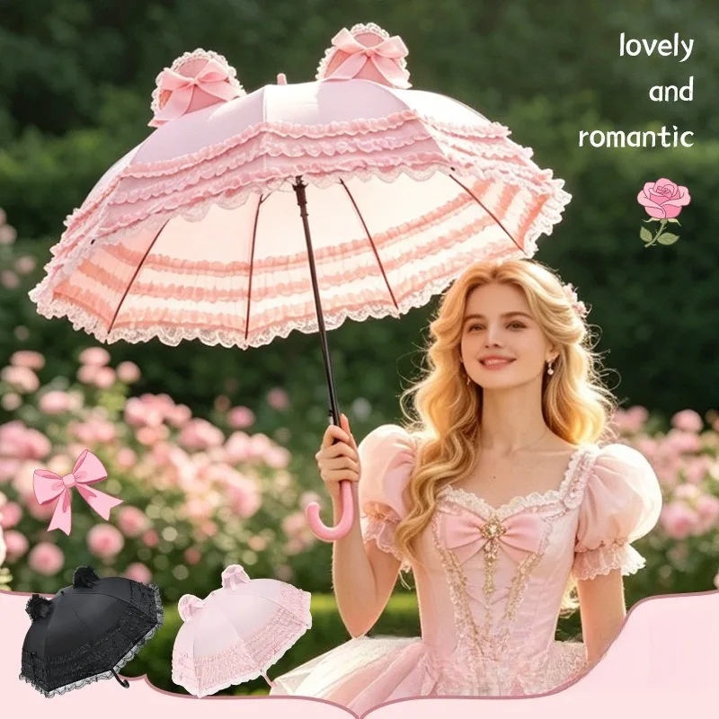 Japanese Style Cat Ears Lace Lolita Princess Umbrella Long Handle Sun Rain Umbrella UPF40+ for Women Wedding Photography