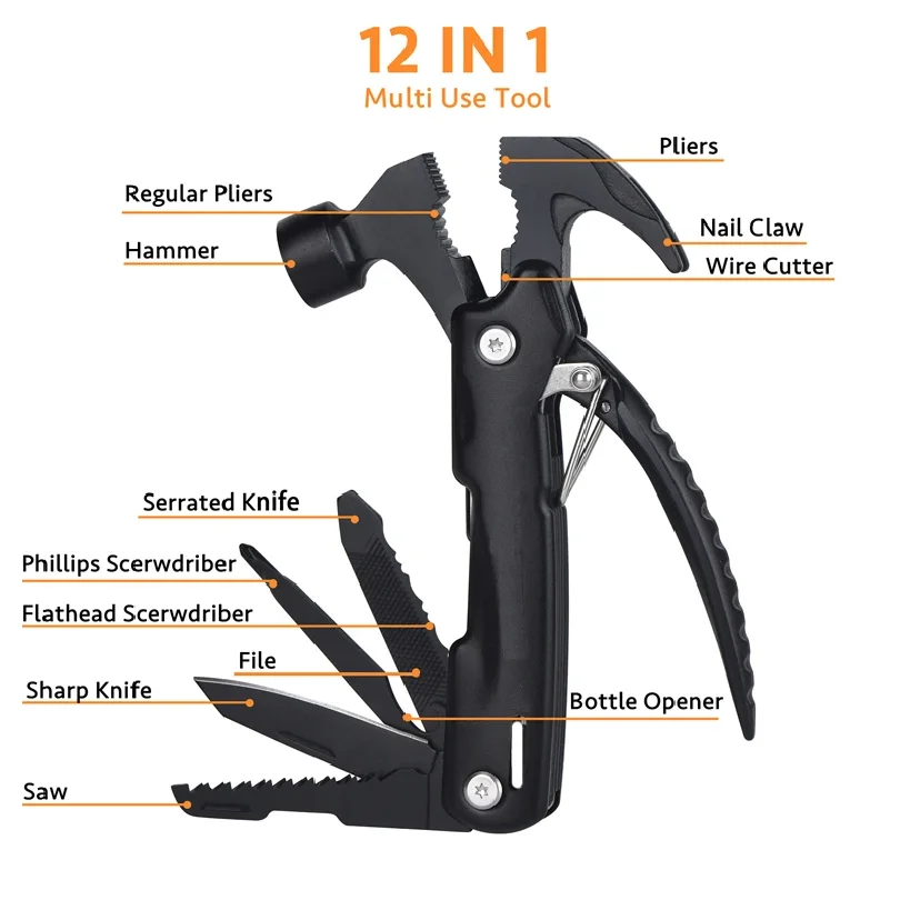 12-in-1 Multi Function Tool, Hammer with Bottle Opener, Survival Multitool for Camping, Hiking, Car Emergency, Father's Day Gift