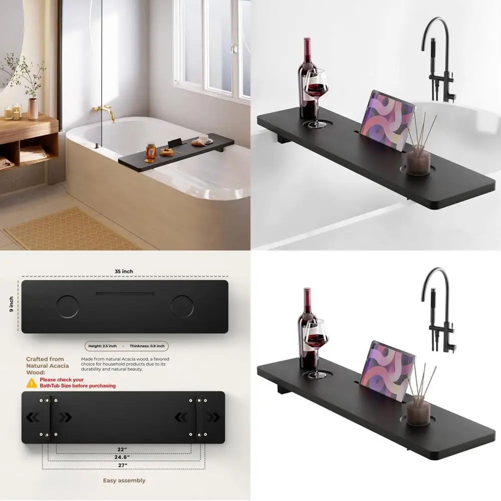 

Large Wooden Bathtub Caddy Tray, 35x9x2.5 Inches, Anti-Tip, Sustainable, Acacia Wood Bath Accessories Holder