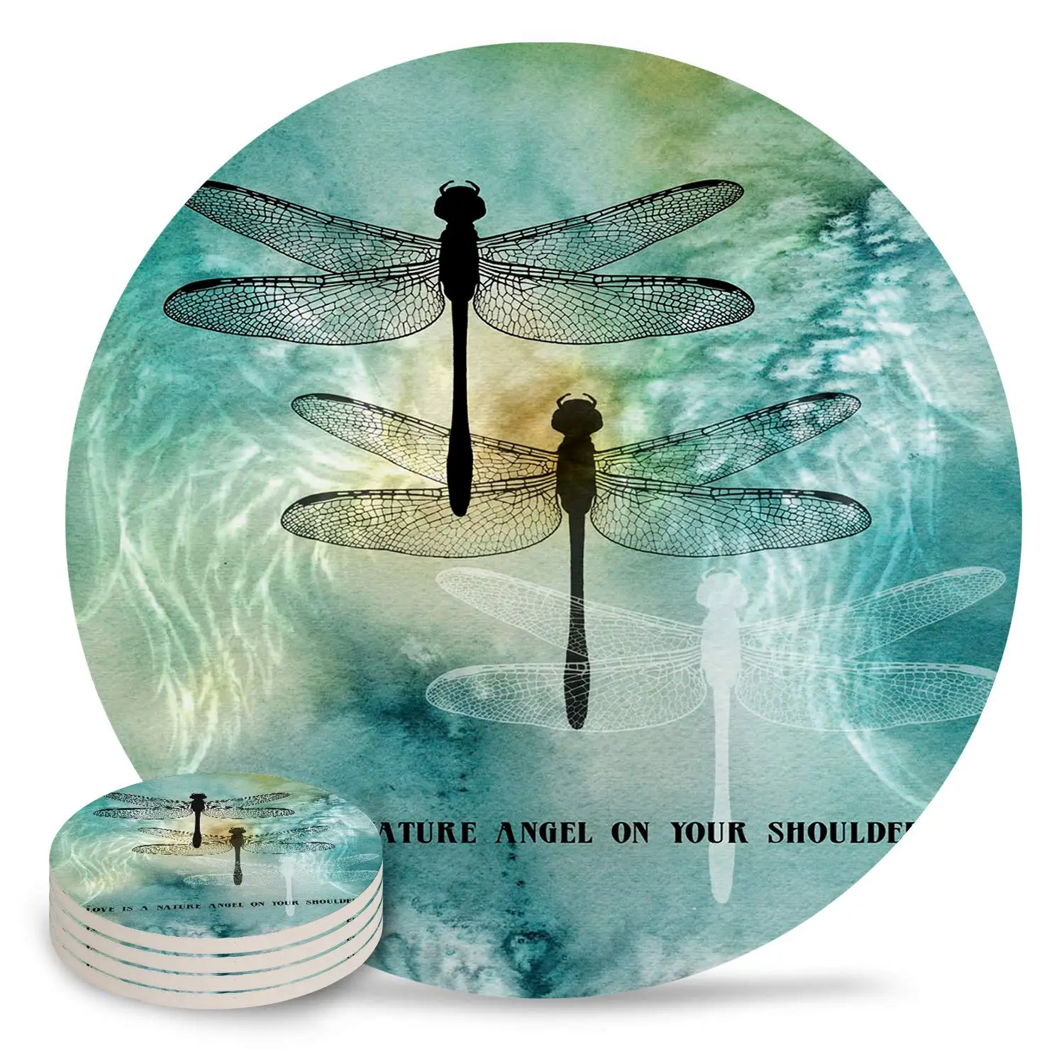 Dragonfly Coasters for Drinks Absorbent Ink Painting Ceramic Coasters with Cork Base Stone Coasters Perfect Gift for Birthday