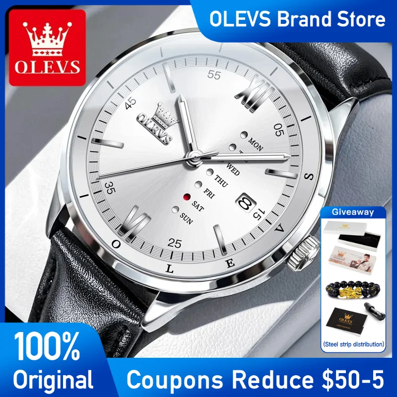 OLEVS Mens Watch Original fashion Brand Quartz watch luminous calendar Waterproof Leather Strap Wear Watch with box