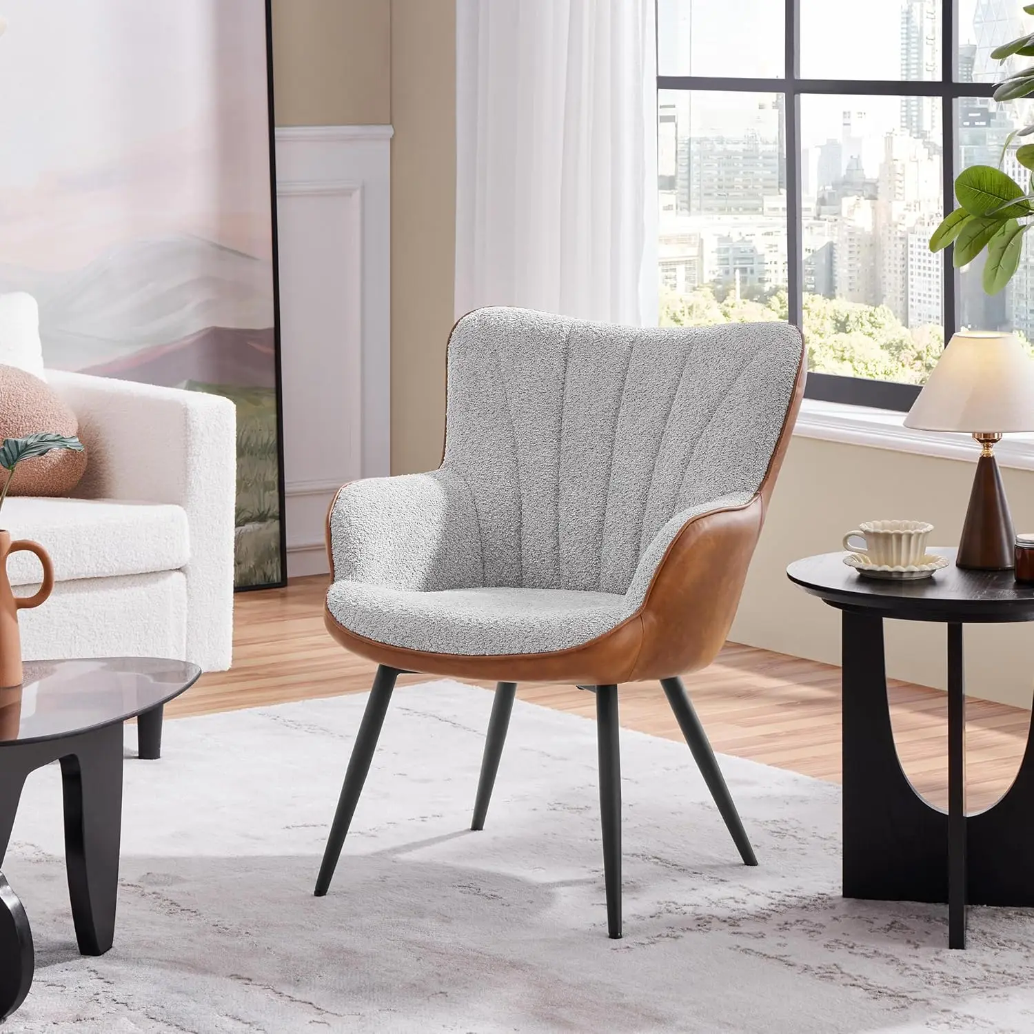 Accent Chair, Modern Fuzzy Boucle Fabric and Faux Leather Armchair, Upholstered Vanity Chair with High Curved Back and