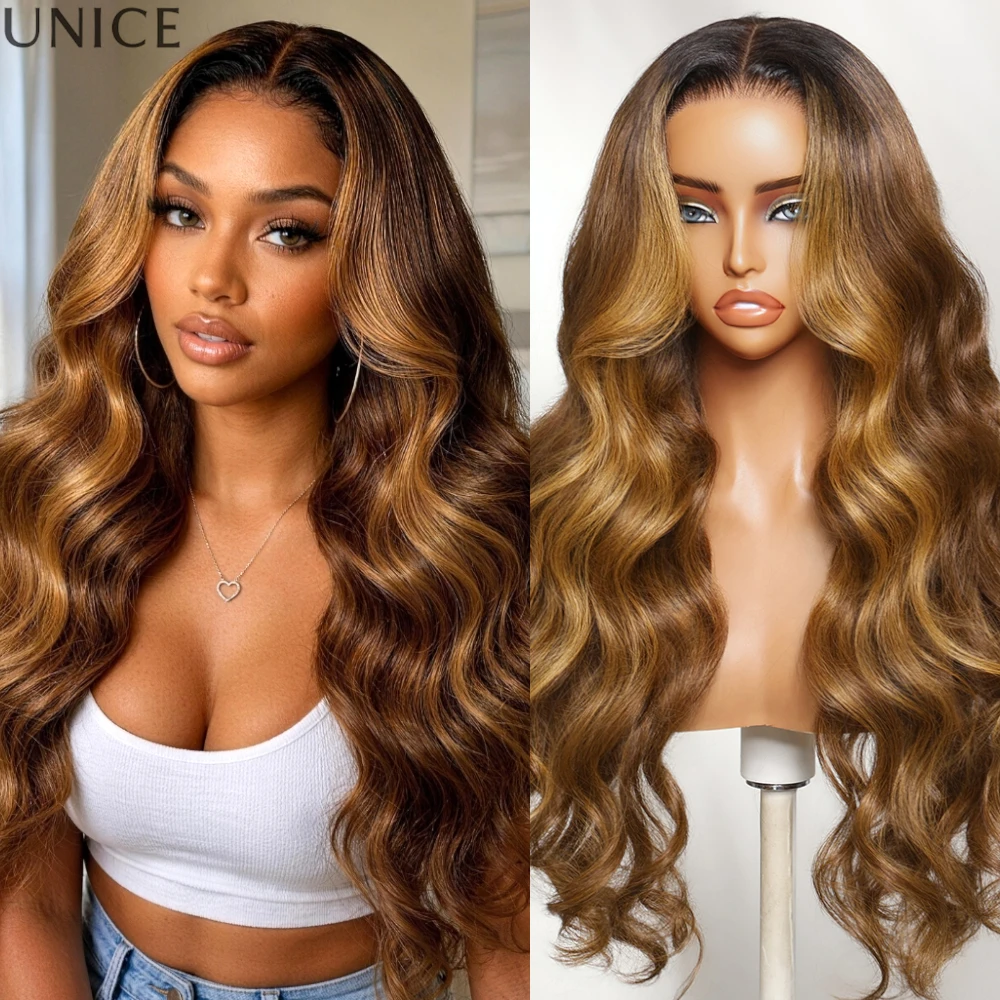 UNICE No Slip 7x5 Lace Brown Color Body Wave Wig With Blonde Face-Framing Highlights 100% Human Hair Glueless Drawstring Wig