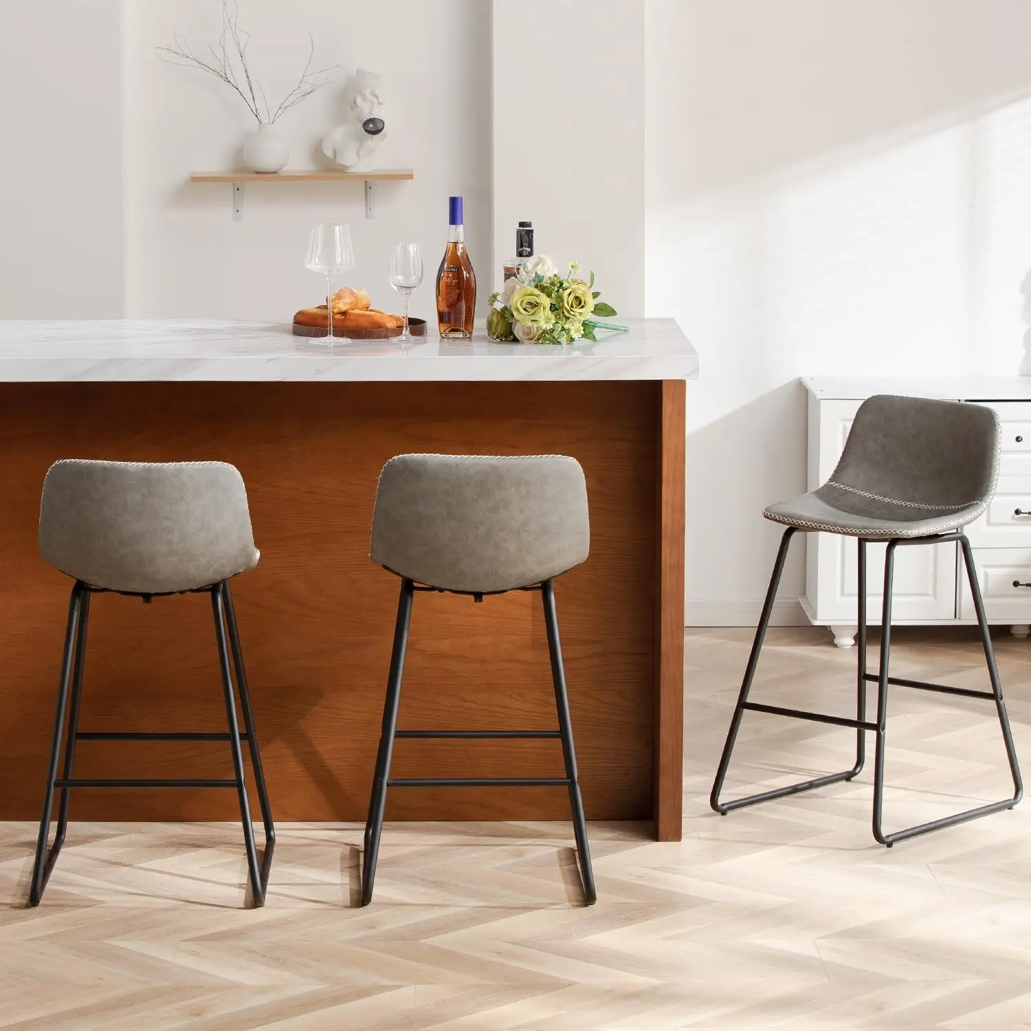  Counter Height Bar Stools with Backs 26 Inch Bar Stools Set of 3 Gray Kitchen Barstools Counter Height for Kitchen Island