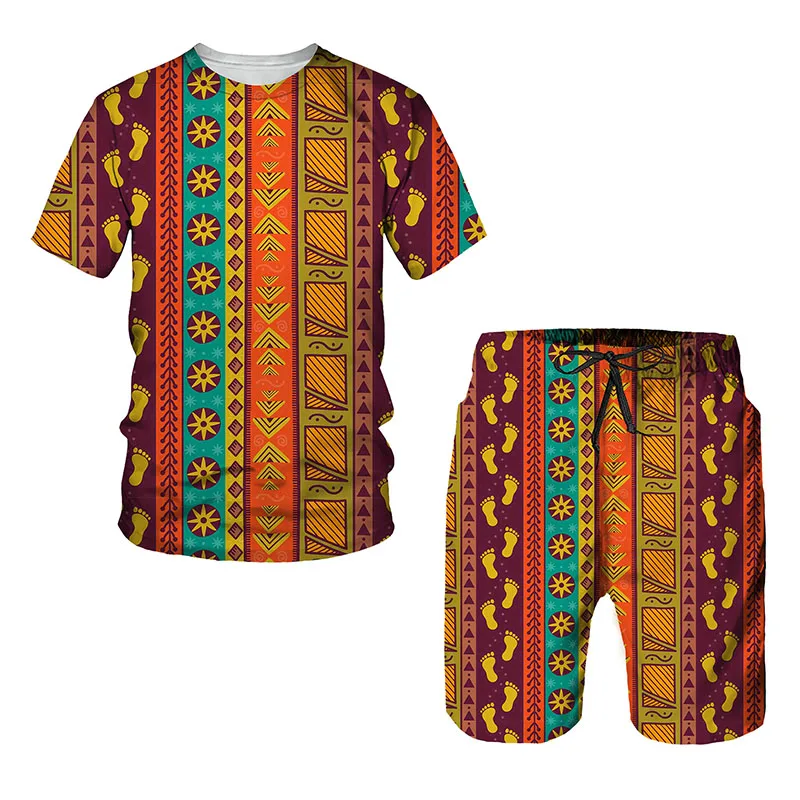 Conjunto de camiseta e shorts africanos estampados em 3D para homens, camiseta extragrande, calça manga curta, roupas masculinas, roupas da moda,