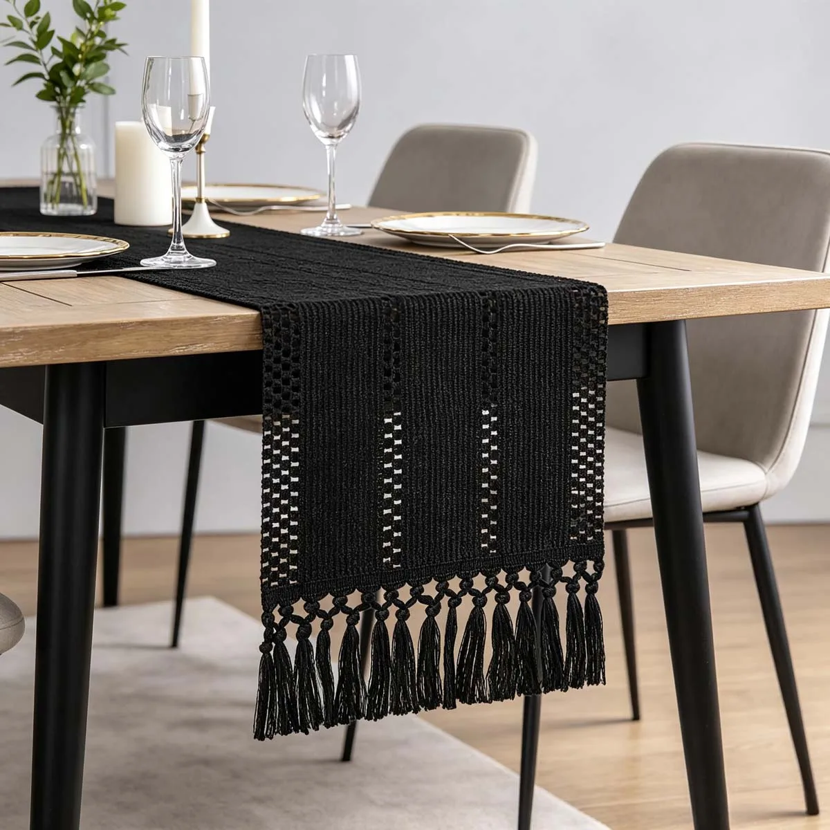 Cotton Linen Table Runner Boho Table Runner with Tassels Natural Farmhouse Table Runner for Wedding Dinner Party Dining Table