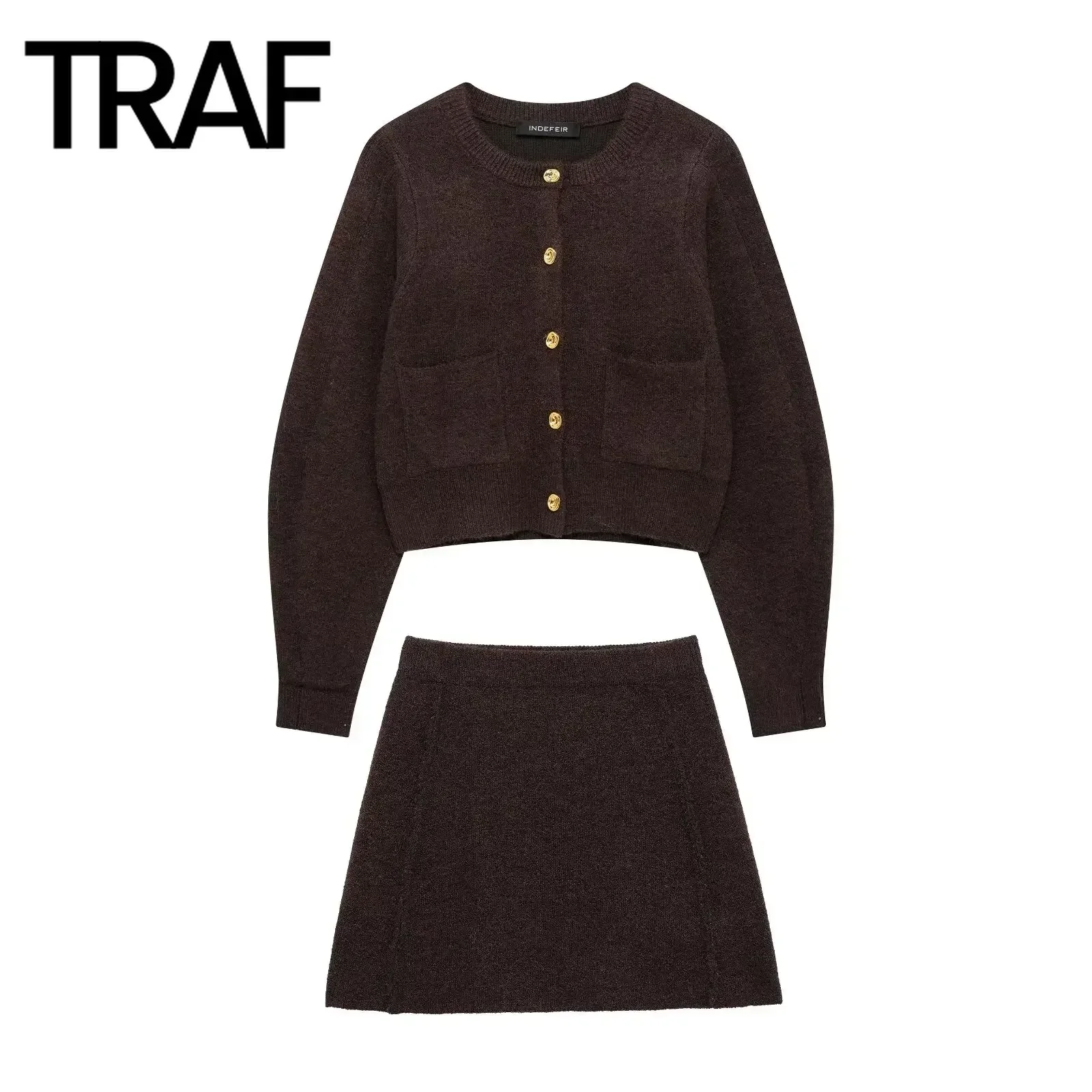 TRAF Knitted Two Pieces Set for Women Fashion Autumn Winter Round Neck Long Sleeve Cardigan Sweater Female High Waist Mini Skirt