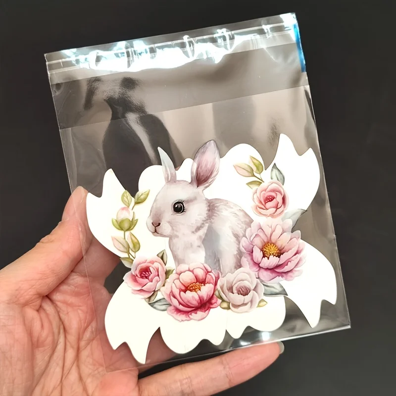 100/200 Stück Geschenktüten mit Osterhasen- und Blumenmuster, niedliches Hasen- und Frühlingsblumenmuster, transparente, selbstklebende Beutelverpackung – Detail 8