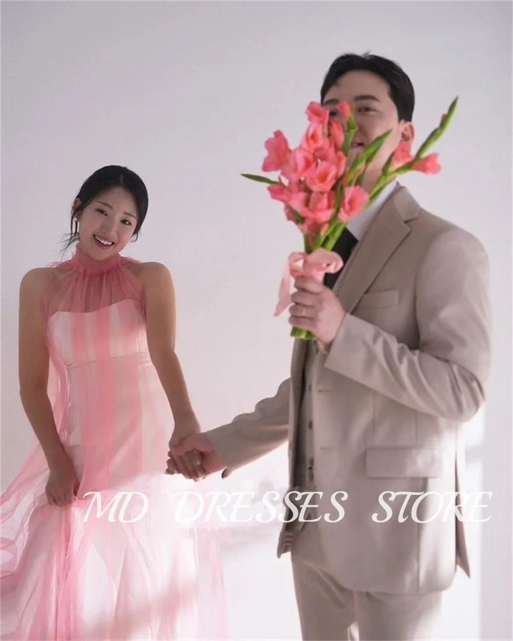 MD Sweet Pink Wedding Dresses Korea Photoshoot High Neck Ruffles Tulle Sleeveless Floor-Length Corset Back Customized Party Gown