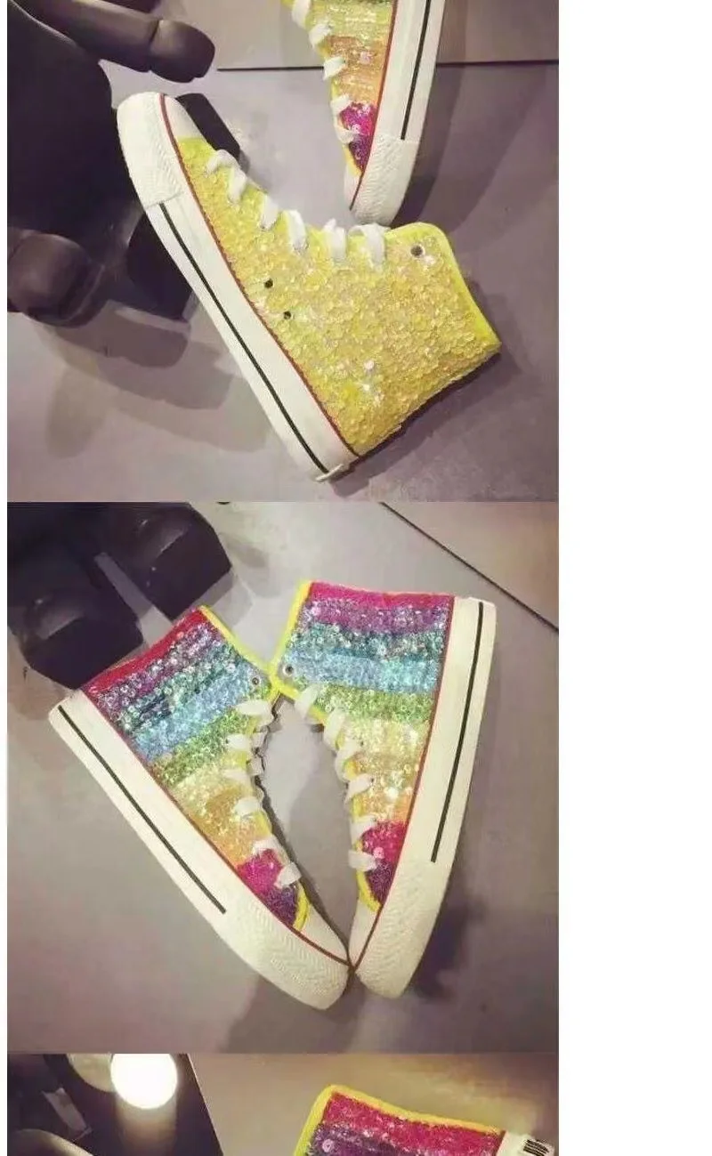 Women\'s Shoes Desigenr Bling Glitter Flats Sneakers High Casual Comfortable Non-slip Brand High Top Trend Rainbow Sequins Shoe