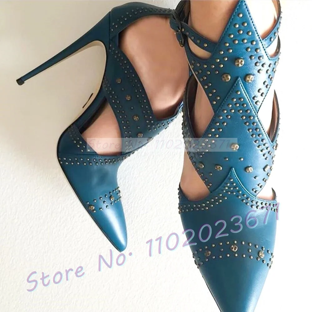 Sandali blu a punta con borchie donna rivetti Decor Cross Strap Splicing Cutout Shoes Ladies Thin Straps Party sandali eleganti