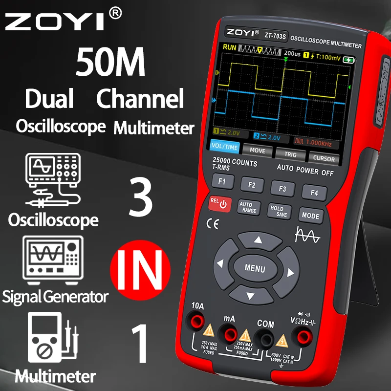 ZT-703S 3 em 1 osciloscópio portátil automotivo canal duplo 50MHz com multímetro digital e testador de gerador de sinal