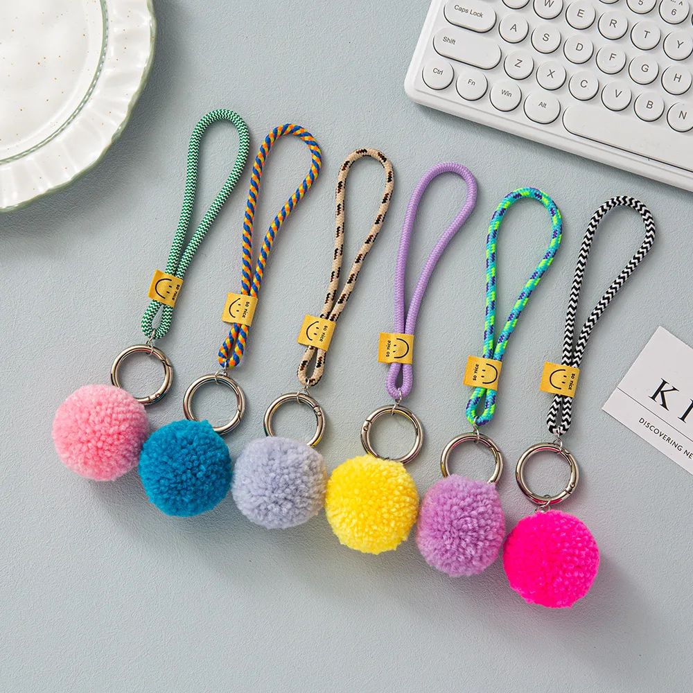 Fashion bag chain, key chain, nylon thread, smiley face webbing, wool ball hanging thread, mobile phone pendant