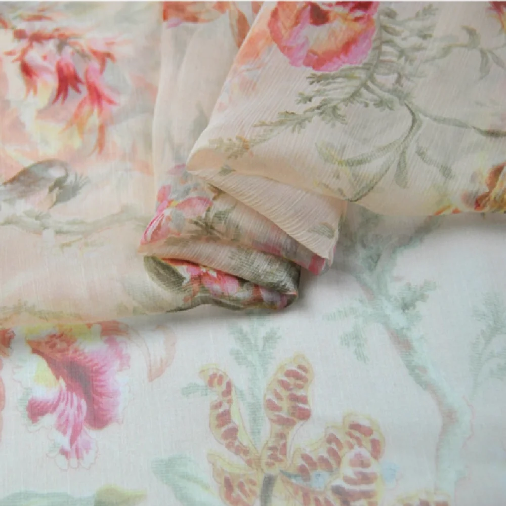 Newest Floral Bird Nice Printed 100% Pure Silk Crinkle Chiffon Georgette Fabric for Lady Summer Elegant Dress Kimono view 3