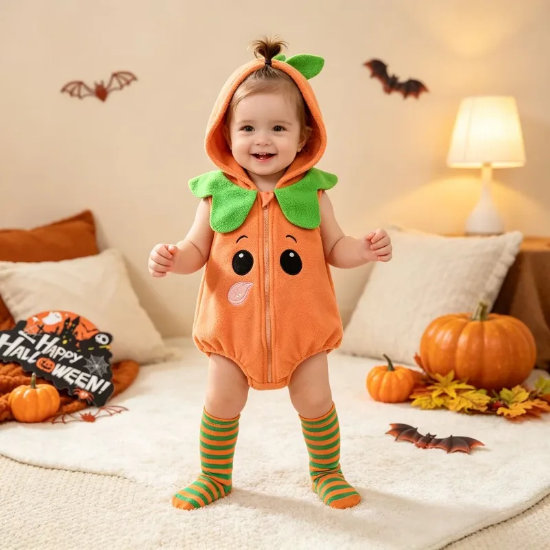 Newborn Baby Pumpkin Hooded Romper Orange Sleeveless Bodysuit With Green Leaf Collar Zipper Design And Striped Socks 0 24M