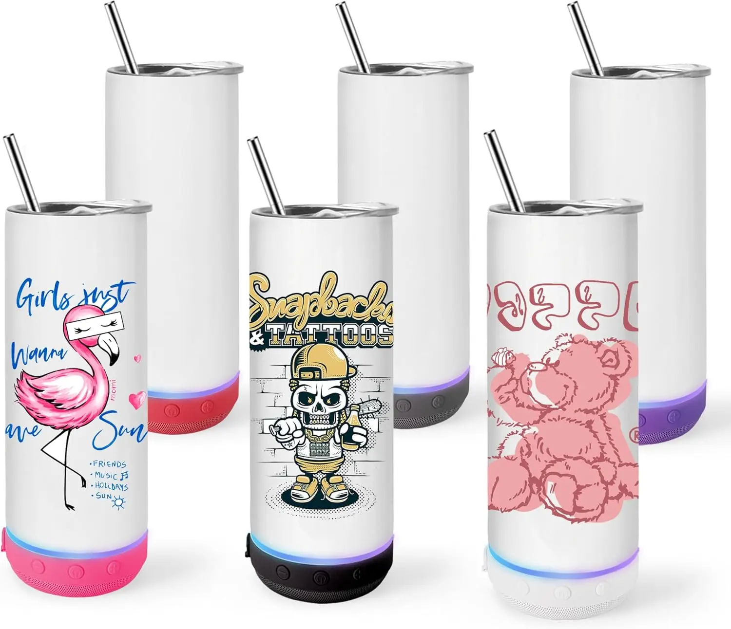 6 Pack Music Speaker Tumbler with Straw and Lid 20oz Sublimation Skinny Stainless Steel Double Wall Tumbler