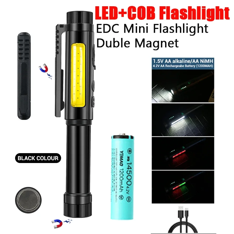 

LED EDC Multifunction Flashlight 8 Working Modes Dual Light Source Torch COB Side Light Rechargeable Magnet Clip Working Lantern