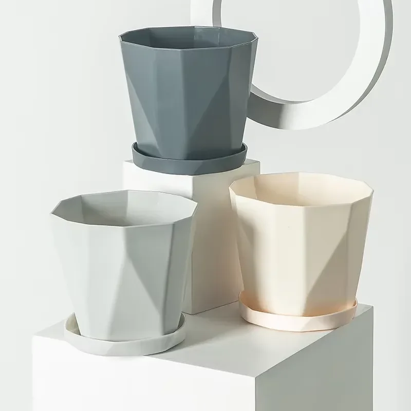 Modern Plastic Plant Pot with Tray Simple PP Flower Planter Container for Green Plants Floor Table