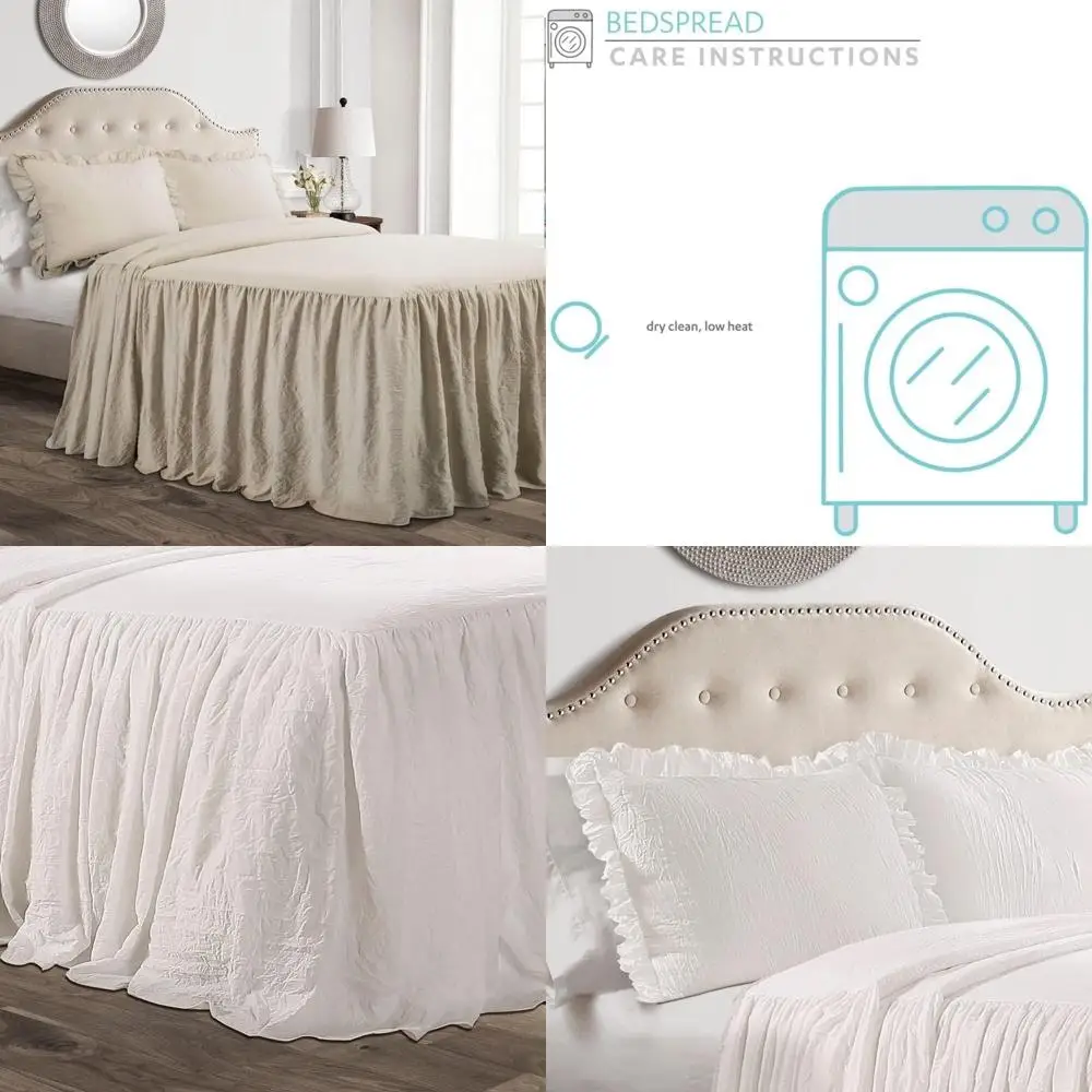 

Queen Size Neutral Beige Ruffle Skirt Bedspread Set - 3 Piece Vintage Farmhouse Style Bedding