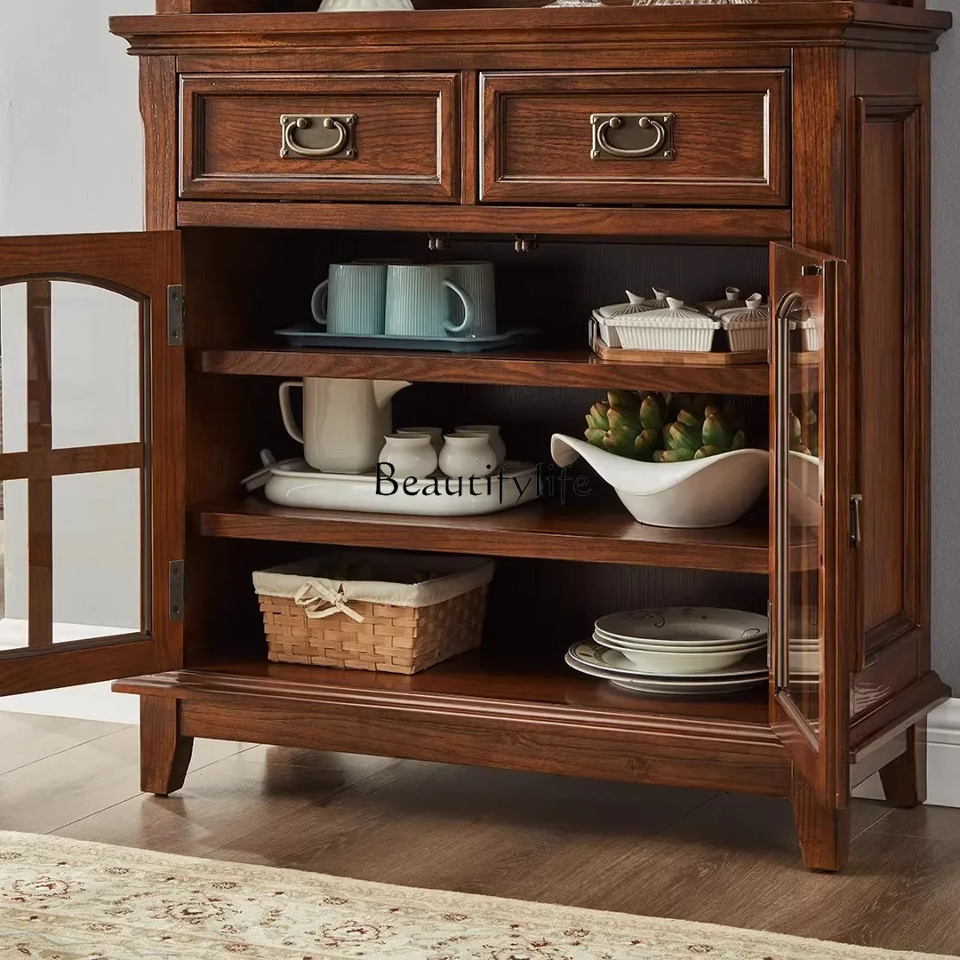 yj9  American-style Solid Wood Sideboard Cabinet for Home Dining Room Double-door Glass Storage Cabinet