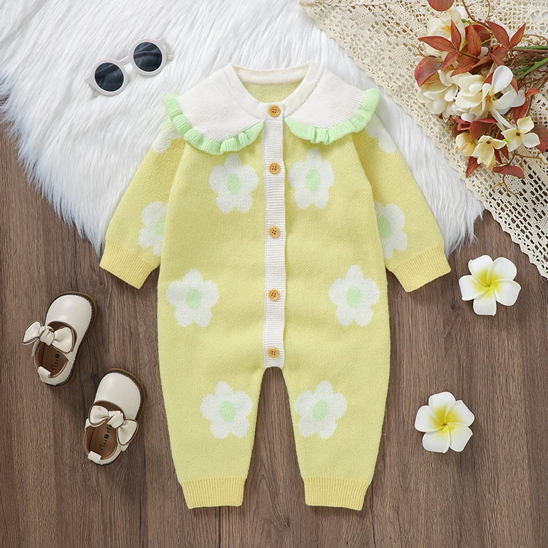 

Newborn Baby Rompers Knit Toddler Kid Clothes Fashion Ruffles Cute Floral 0-18M Overalls Infant Girl Jumpsuit Long Sleeve Autumn