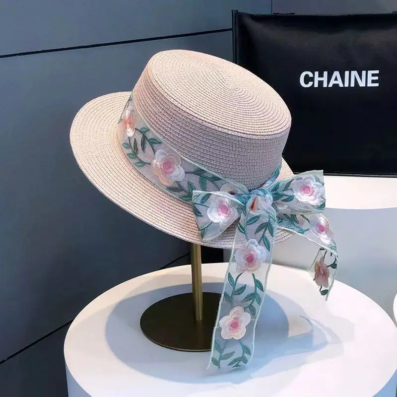 Women floral straw hat beach hat French bow straw fedora hat flat top hat sun hat solid Flat bucket hat basin hat summer caps