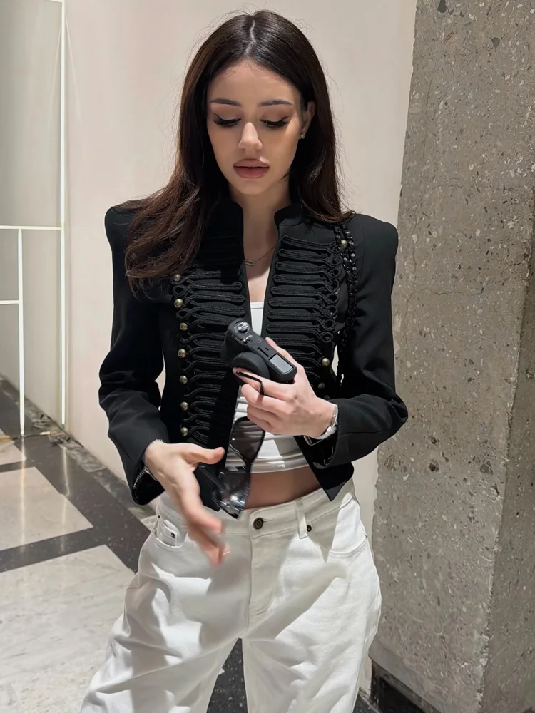 HH Women Vintage Napoleon Jacket Stand Collar Double Breasted Slim