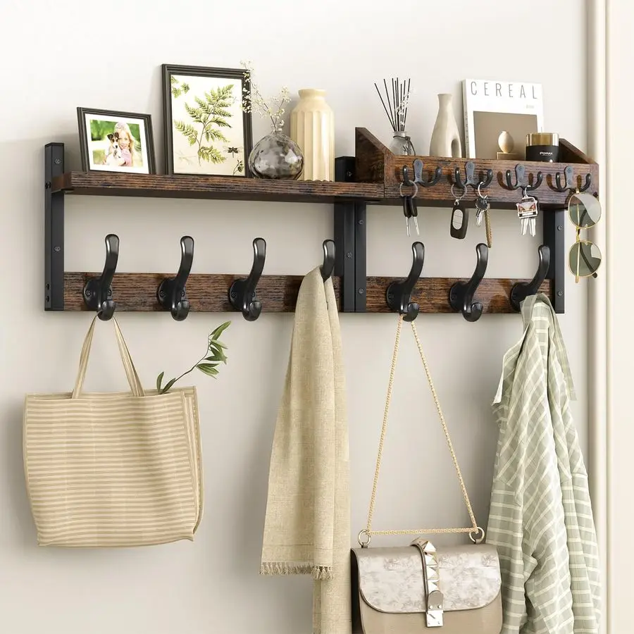 

29 Coat Rack Wall Mount with Shelf, 4 in 1 Coat and Key Hanger with 11 Metal Hooks, Entryway Wall Mounted Shelf with Mail Holder
