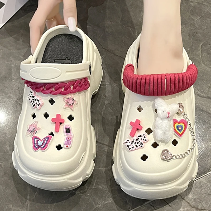 Summer Women Slippers Cross Decoration Garden Sandals Platform Clogs EVA Flip Flops Y2K Outdoor Vacation Shoe For Female 34-41