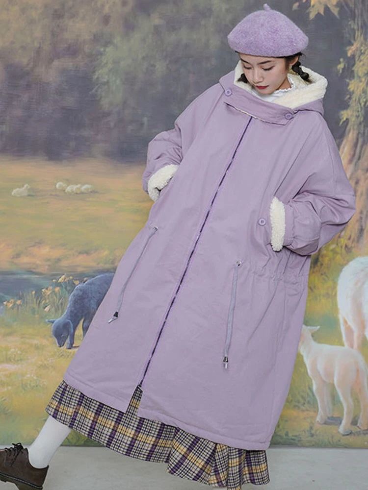 

Hooded Long Jacket Women Winter Warm Thicken Faux Lamb Wool Coat Female Korean Fashion Sweet Casual Drawstring Zipper Outerwear